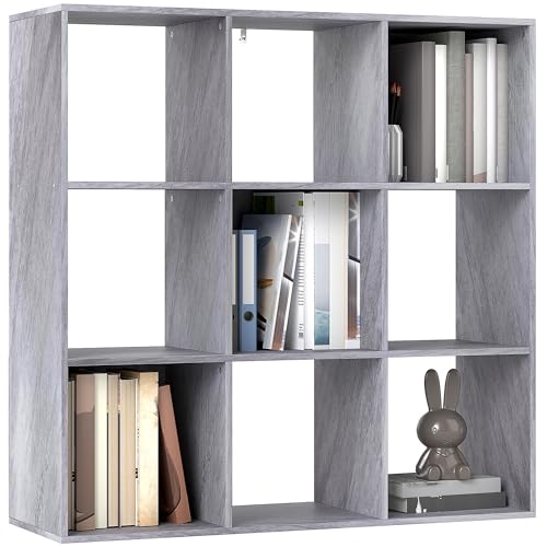 HOMCOM 3 Tier Bookshelf, Modern Cube Bookcase with 9 Open Storage Compartments, Freestanding Display Storage Unit for Living Room, Bedroom, Study, Marble Grey