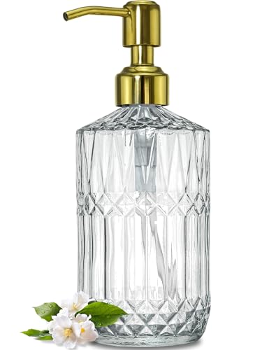 JASAI 18Oz Dazzling Clear Glass Soap Dispenser with Golden Pump for Bathroom Refillable Kitchen soap Dispenser for Dish Soap Bathroom Soap Dispenser for Hand Soap Lotion.(Golden)