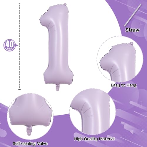 Image of 40 Inch Light Purple Number 1 Balloon for 1st Birthday Decoration, Large Pastel Purple Mylar Foil Number Balloons 0-9 for Girls, Lavender One Helium Balloons for Women 1st Anniversary Party Supplies