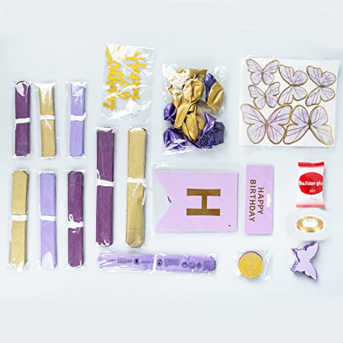 Ouddy Party Purple Birthday Decorations For Women Girls Butterfly Hanging Garland Happy Birthday And Circle Dots Banner Purple Gold Balloons Paper Flowers Cake Toppers For Birthday Party Supplies #TOP3