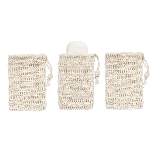 Sac à Savon en Sisal, Sac à Savon Bio, Sachets à Savon en Coton, Naturel Sachet à Savon Avec Cordon Déal pour la Baignade et le Lavage pour Massage Exfoliant Favorise la Circulation Sanguine, 3Pcs