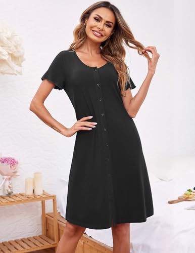 Ekouaer Women's Nightshirt Short Sleeve Button Down Nightgown V-Neck Sleepwear Pajama Dress3