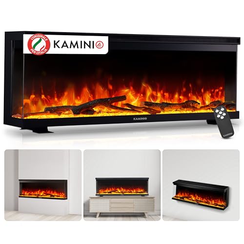 KAMINIO Camino elettrico LEA - Caminetto 3-in-1 con vista panoramica, riscaldamento, effetto fiamma 3D, 12 colori di fiamma, telecomando (50 pollici)