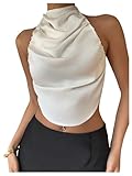 MakeMeChic Women's Party Satin Silk Tie Backless Halter Top Draped Front Sleeveless Crop Tops White Small