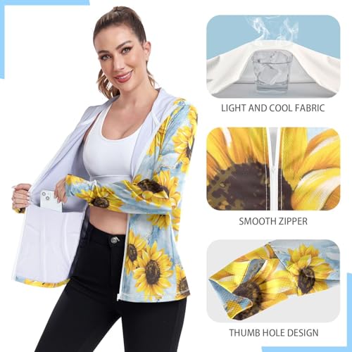 KLL Moletom feminino com capuz com zíper e proteção FPS 50+, girassol, abstrato, branco, azul, mármo