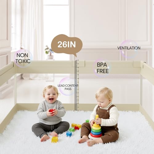 Image of Fodoss Baby Playpen, 59x69in Beige Playpen for Babies and Toddlers, Play Pen for Apartment, Kids Activity Fence, Baby Playard with All-Side Mesh, Pull Rings