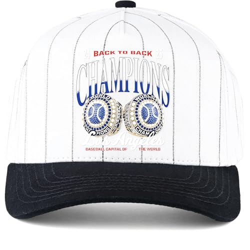 Los Angeles Baseball 2024 & 2025 Champions Double Ring Pinstripe Baseball Hat (US, Alpha, One Size, Black/White)