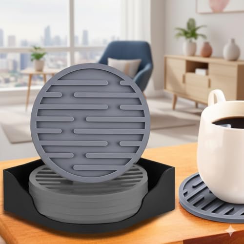 Image of The Better Home Coaster Set of 6 with Silicone Holder | Dining Table Decor Accessories | Cups, Coffee Mugs, Glasses | Silicone Coaster | Home & Office | Table top Decor