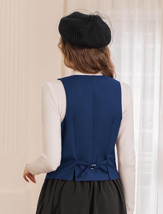 Belle Poque Damen Weste mit Taschen Damen Weste Elegant Ärmellos Tief V-Ausschnitt Arbeit Büro Weste Marineblau S