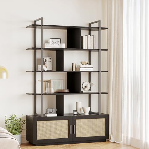 GarveeHome Rattan Bookshelf,71.1 Inch Tall Industrial Bookcase with Storage Door, Bookshelves and Bookcases with Open Display Shelves,5 Shelf Bookcase with Metal Frame for Living Room