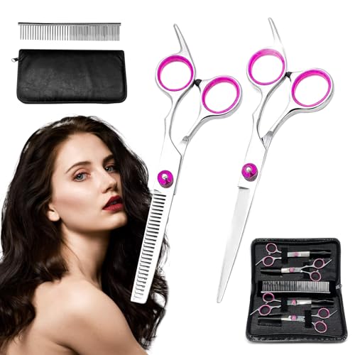 Kit Tesoura Cabelo Inox Tesoura Profissional Cabeleireiro Navalha Kit Barbeiro para animais de estimação Conjunto de 7 peças (Rosa)