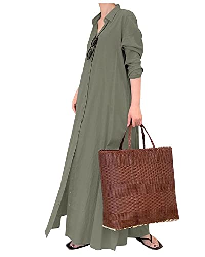 Image of Ladyful Women's Cotton Linen Maxi Shirt Dress Long Sleeve Button Down Shirtdress Beach Summer Dress Pockets