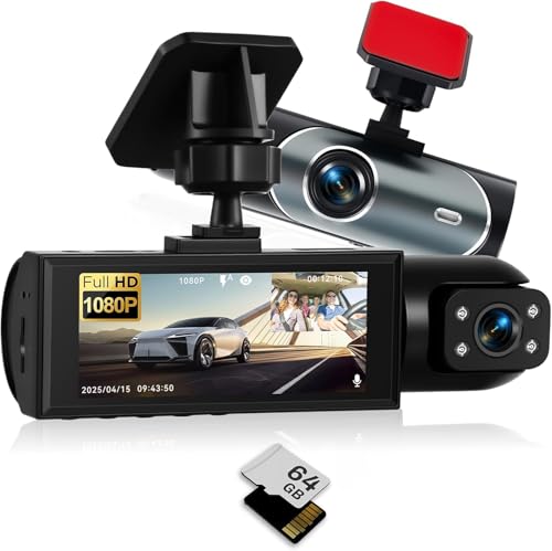 NHOPPEW Dual Dash Cam con telecamera 1080P - Dashcam anteriore e laterale da 3,16 pollici con registrazione in loop, visione notturna, rilevamento del movimento + scheda TF da 64 GB