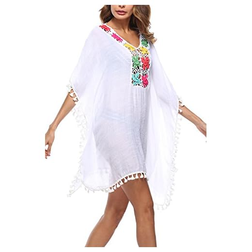 Mujer Ropa de Baño Bikini Cover up Cubrir Suelto Tunica Bohemios Vestido de Playa Borla Verano Camisolas y Pareos White One Size