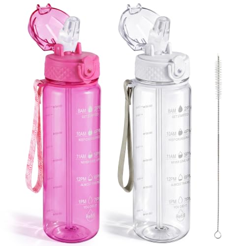 OLDLEY 2 Pack Kids Water Bottle with Straw, 17oz Tritan, Time Marker