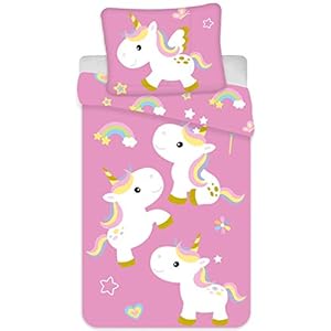 BrandMac Bettwäsche Einhorn-Motiv Bettbezug 135×200 cm + Kopfkissenbezug 80×80 cm – Kinder-Bettwäsche-Set, Kinderbettwäsche mit