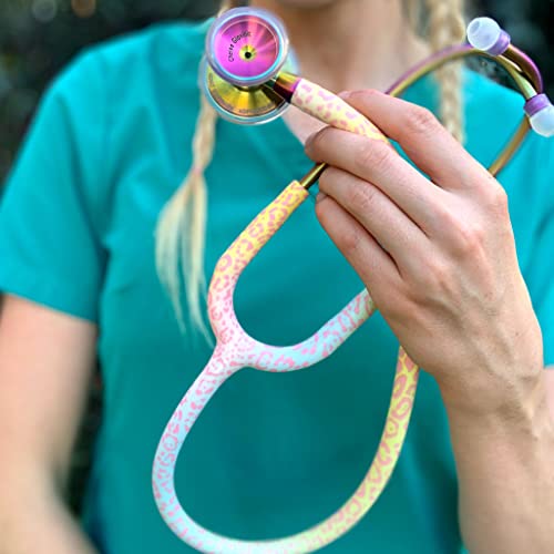 Image of MDF Instruments, Engravable - Rainbow Leopard Kaleidoscope ProCardial Cardiology Stethoscope, Lightweight Titanium, Adult, Dual Head, Rainbow Leopard Tube, Chestpiece-Headset, MDF797TRLKL-ENGRAVING
