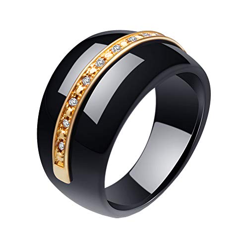 PAURO Large Classique Bague de Mariage Promettre Fiançailles Femme Céramique Micro Zircon Noir et Or Taille 60