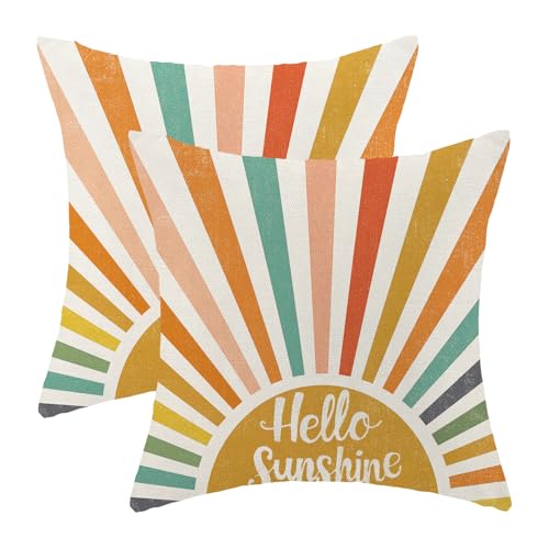 OFIRD Boho Pillow Covers 18x18 Pack of 2 Summer Colorful Stripes Decorative Throw Pillow Covers Outdoor Decoration Modern Abstract Sun Sunshine Pillowcase Farmhouse Linen Cushion Case for Couch Sofa