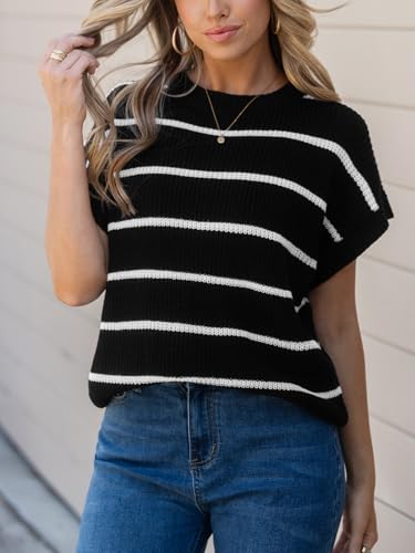 Image of CUPSHE Womens Knit Short Sleeve Sweater Striped Crew Neck Cap Sleeve Top Casual Pullover Tops