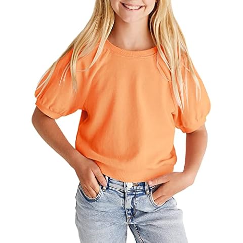 simtuor Girls' Puff Short Sleeve Solid Color Basic Tee Shirt Orange Cover