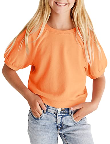 simtuor Kids Girls Cute T-Shirt Short Puff Sleeve Basic Solid Casual Loose Pullover Ribbed Cuffs Hem Tees, Orange, 8-9 Years
