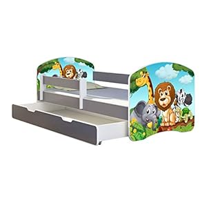 ACMA Letto per Bambino Cameretta per Bambino con Materasso Cassetto II Grigio (02 Animaletti, 180×80 + Cassetto)