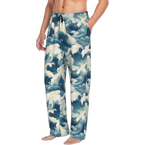 Blue Waves A Print Mens Pajama Pants with Pockets, Lounge Sleep Pants Sleepwear Long Pj Bottoms
