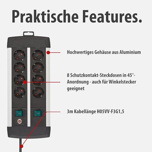 Brennenstuhl Premium-Alu-Line Steckdosenleiste 8-Fach/Mehrfachsteckdose aus hochwertigem Aluminium (mit 2 Schaltern für je 4 Steckdosen und 3m Kabel, Made in Germany)