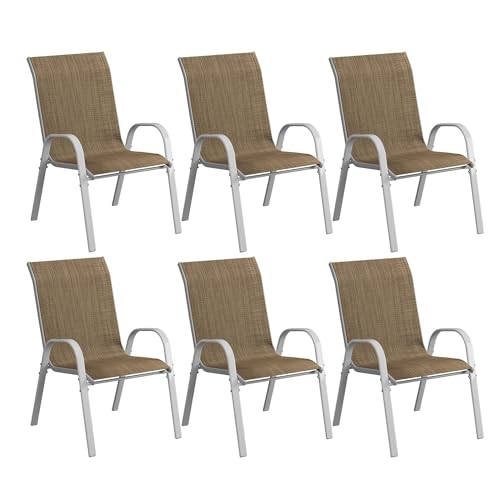 Image of Amopatio Patio Chairs Set of 6, Stackable Outdoor Dining Chairs for All Weather, Silver Frame Outdoor Chair Garden Furniture for Backyard Deck(Brown)