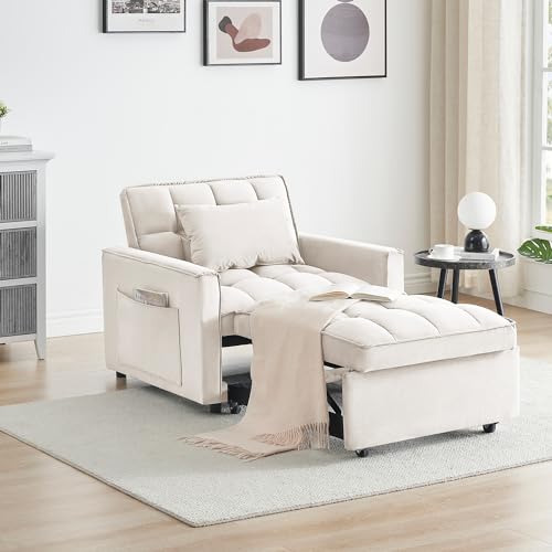 Convertible Chair Bed Sleeper 3 in 1 with Adjustable Back,Velvet Pull Out Folding Recliner,Single Sleeper Sofa with Pillow & Pocket for Living Room Apartment Small Spaces (1 Seat, Creamy White)