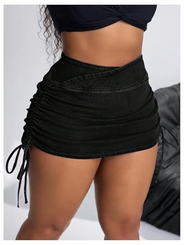WDIRARA Women's Plus Size Drawstring Side Denim Mini Skirt High Waisted Ruched Bodycon Skirt3
