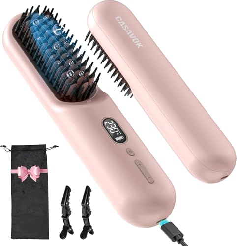 Cordless Hair Straightener Brush for Travel,Mini Hair Straightener Comb with Negative Ion,Portable hot Brush Hair Straightener for Women, Rechargeable 9600mAh Battery, Anti-Scald,12 Temp-Setting(Pink)