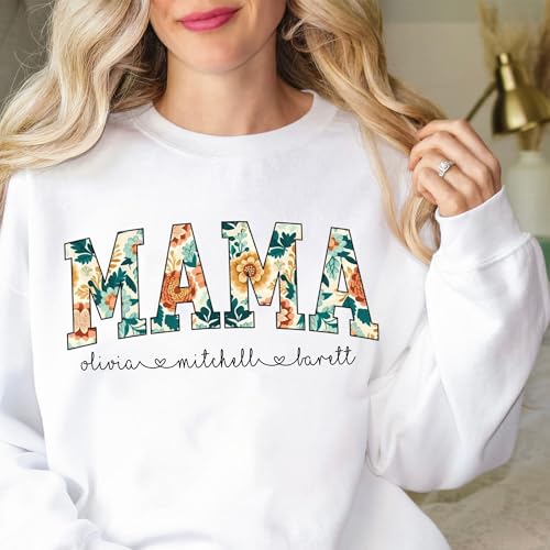 Personalized Floral Mama Sweatshirt with Kidnames, Trendy Custom Gift for Mom, Oversized Mama Crewneck Sweater, Customized Grandma Hoodies Multi2
