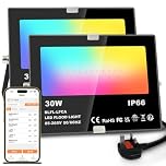 Lighting master LED Floodlight 30W 3000LM, Smart RGB Flood Lights Outdoor with APP Control, Colour Changing + Warm White, Timing - Scene - Garden Lighting, IP66, UK Plug（2 Packs