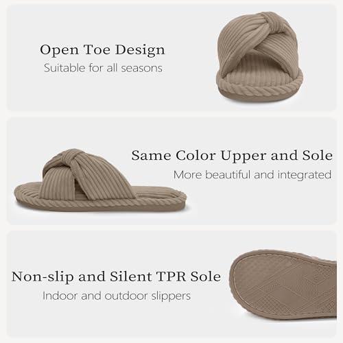 Image of IPSAE House Slippers for Woman Memory Foam Open Toe Slippers Corduroy Cross Bow Womens Slipper Slides Comfy Indoor Bedroom Slip On Shoes