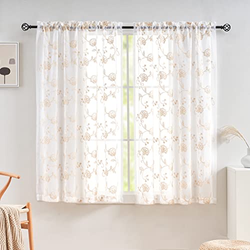 Image of Beige Sheer Curtains Embroidery 63 Inch Length Rod Pocket Voile Drapes for Living room, Bedroom, Window Treatments Semi Flower Pattern Curtain Panels for Kitchen, Yard, Farmhouse, Set of 2, 52 inchx 63 inch.