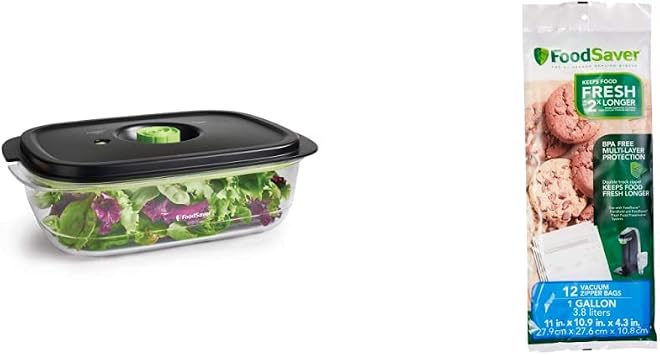 FOODSAVER 2129973 Preserve & Marinate 10 Cup Vacuum Seal, Clear & 1-Gallon Vacuum Zipper Bags, 12 Count, Multi