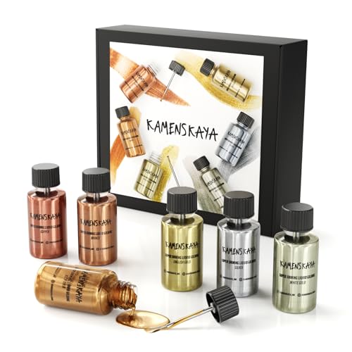 KAMENSKAYA Liquid Leaf Paint - Gilding Paint Set - Rich & English Gold, Silver, Bronze, Copper, White Gold - 6 pcs. 0.68 fl oz (20 ml) Each