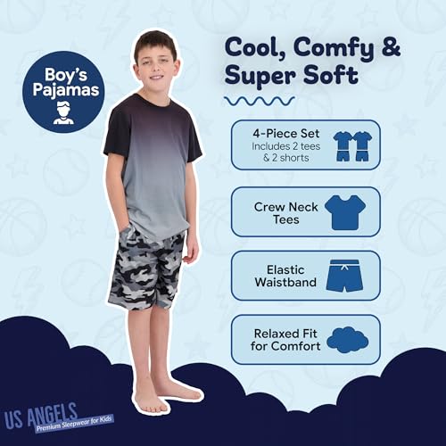 Image of US Angels Pajamas Set for Boys, 4-Piece Set, Short Sleeve Shirt with Pajama Shorts