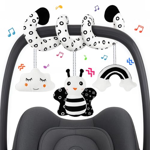 Image of Car Seat Toy,Stroller Toys,Car Seat Toys for Babies 0-6 months Boy Girl,Spiral Hanging Stroller Black and White High Contrast Sensory Toy Newborn Plush Activity Toys Thank You Gifts for 0 3 6 9 Months