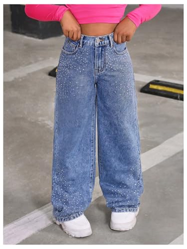 WDIRARA Girl's Rhinestone High Waisted Wide Leg Jeans Baggy Denim Pants with Pockets3