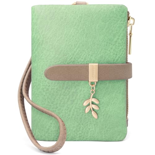 GOUNNU Cartera Pequeña de Cuero PU para Mujer   RFID Bloqueo, Cremallera, 7 Ranuras para Tarjetas, Monedero con Pulsera (Verde)