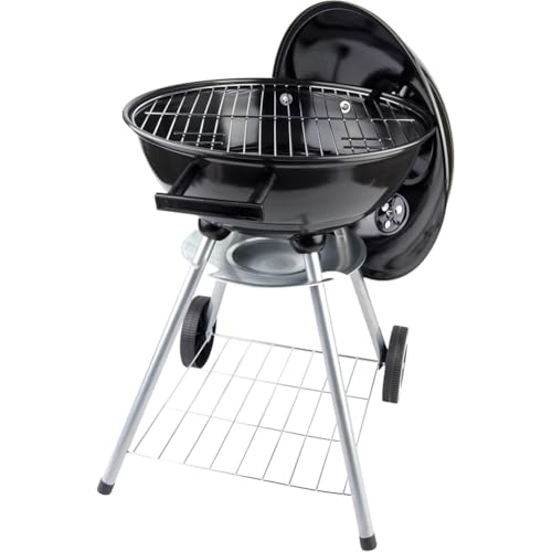 BAKAJI Barbecue a Carbone con Ruote Rotondo in Acciaio Inossidabile e Valvola di Ventilazione, BBQ Brace a Carbonella da Esterno, Resistente Intemperie con Coperchio, Ideale Balcone, Patio, Giardino