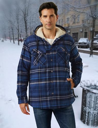 CRYSULLY Men's Flannel Jackets Cotton Lightweight Fleece Lined Plaid Shirts Winter Soft Warm Button Coats with Hood for Men3