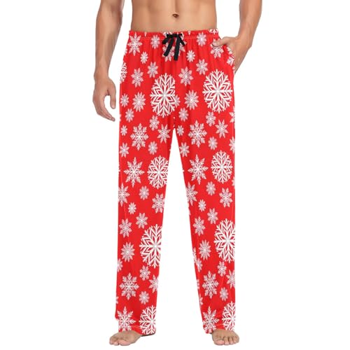 White Snowflakes Red Pajama Pants for Men Comfy Pajama Bottoms Cotton Lounge Pants with Pockets