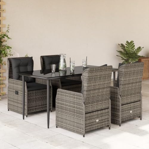 Contenuto della confezione e consigli per la cura: include 1 tavolo da giardino nero, 4 sedie in rattan grigio, 4 cuscini per seduta e 4 cuscini per lo schienale. Per mantenere l'aspetto a lungo si consiglia una copertura resistente alle intemperie, così il vostro salone da giardino rimane come nuovo anche dopo molte ore di sole.