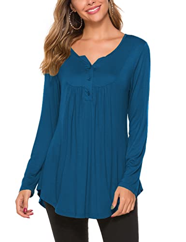 Halife Plus Size Tunic Tops For Women 2X Casual Long Sleeve Maternity Blouse V-Neck Pleated Henley Fall T-Shirt Cyan #TOP2