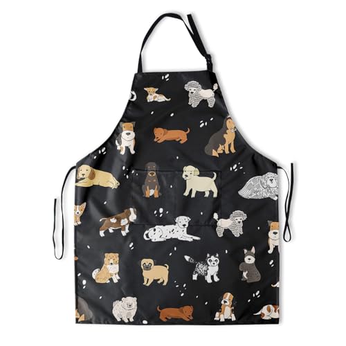 Kawani Cute Dogs Apron with 2 Pockets Cute Dogs Pets Cute Dog Grooming Apron Adjustable Bib Apron for Women Men Black Puppy Kitchen Aprons for Grooming Cooking Baking Painting Gardening BBQ
