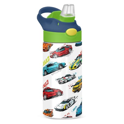 Boccsty Bright Race Car Truck Kids Water Bottle with Straw Lid Sport Cars Insulated Stainless Steel Reusable Tumbler for Boys Girls Toddlers 12 oz Green